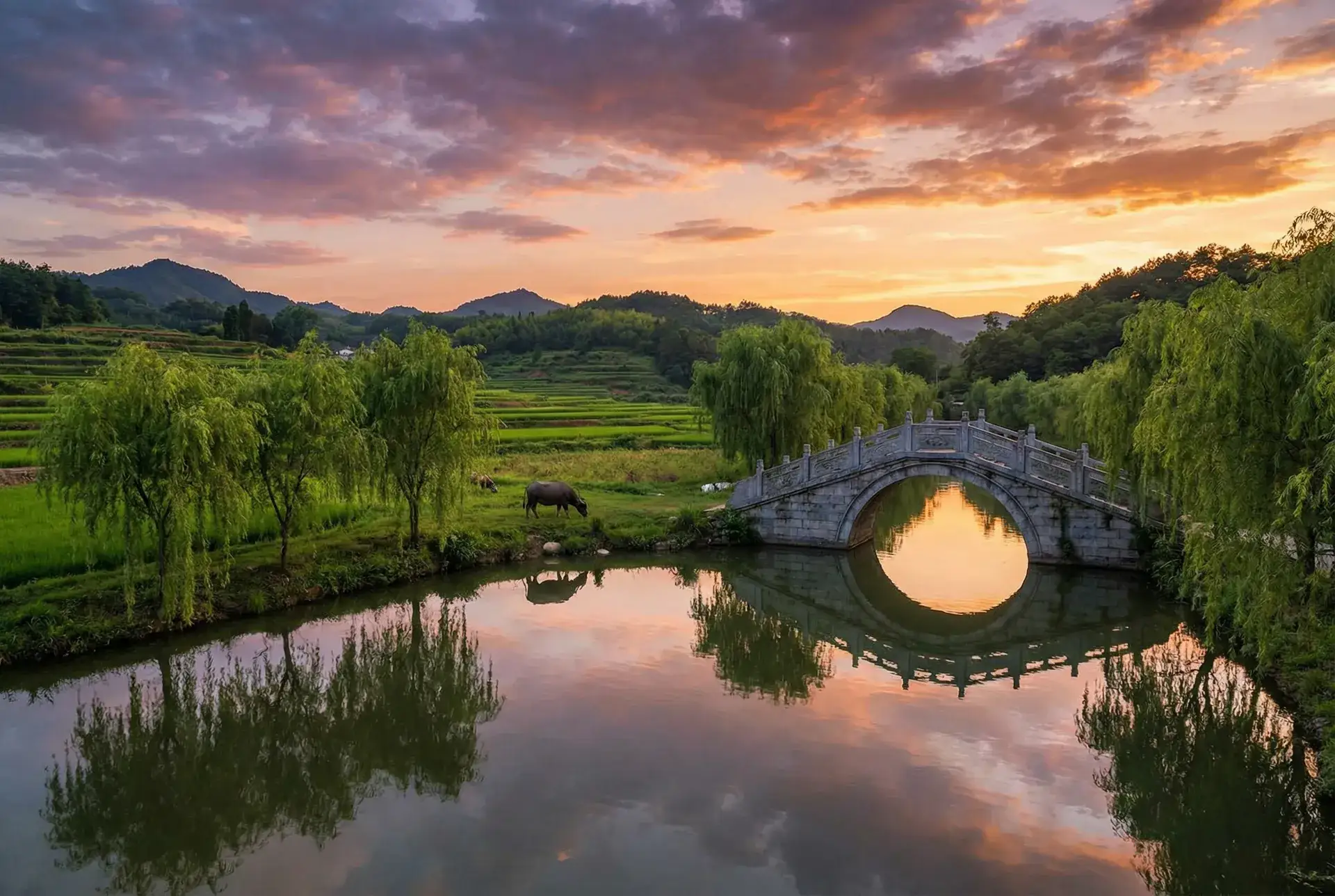 夕阳下的石拱桥与垂柳，水牛在河边吃草 - 色戒电影下载 乡村美景